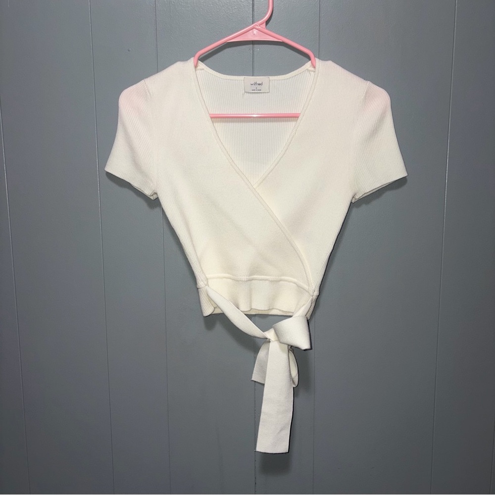 Aritzia Cream Short Sleeve Wrap Top
